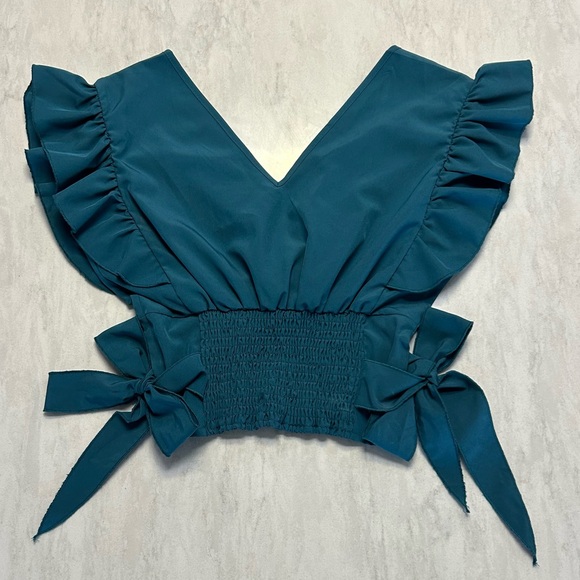 Lyaner Tops - Teal Ruffle V-Neck Crop Top with Side Ties or tie in back